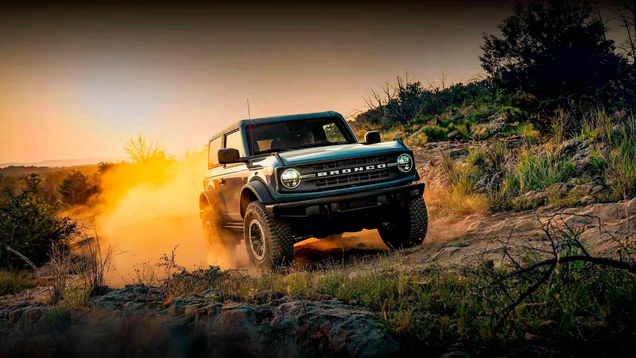 Ford Bronco near a wooded trail